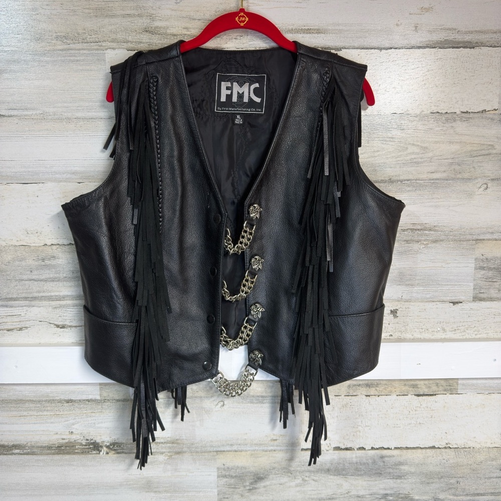 FMC Women's Black Leather Fringe Vest